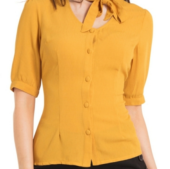 Voodoo Vixen Tops - Voodoo Vixen mustard tie neck blouse